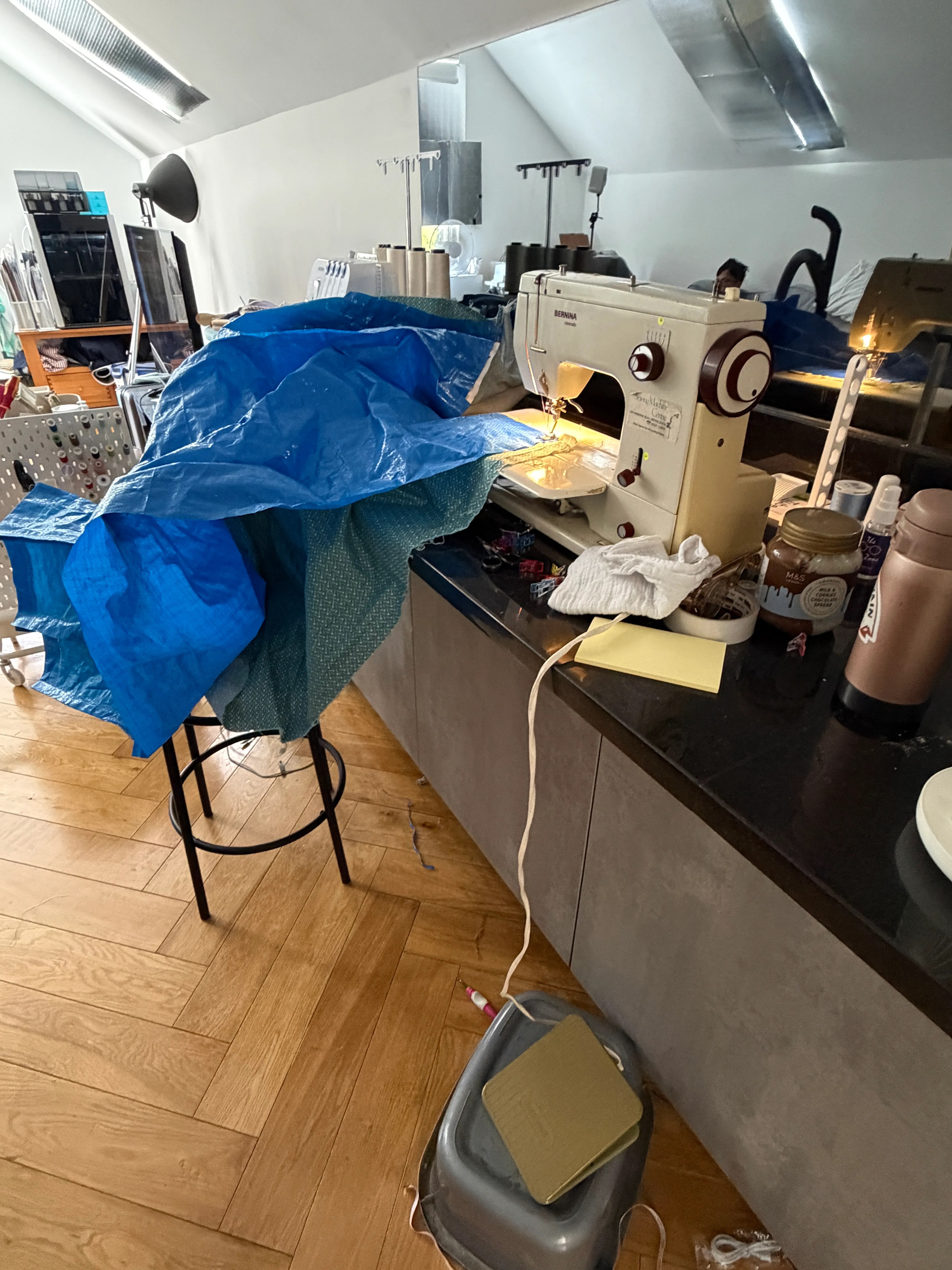 side view setup of sewing the blanket together