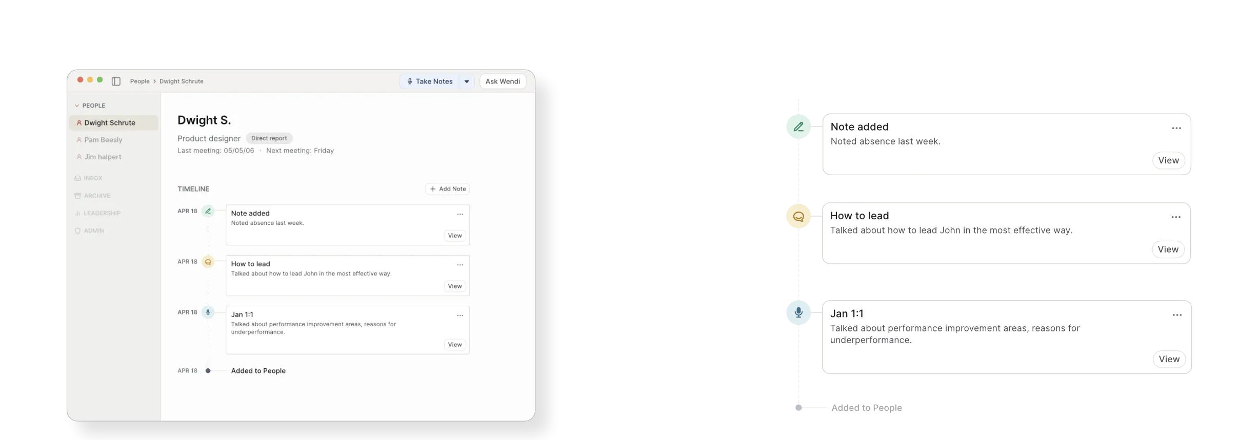 A direct report's timeline in Wendi — meetings, notes, and AI insights in chronological order, the record the AI can reference about that person.