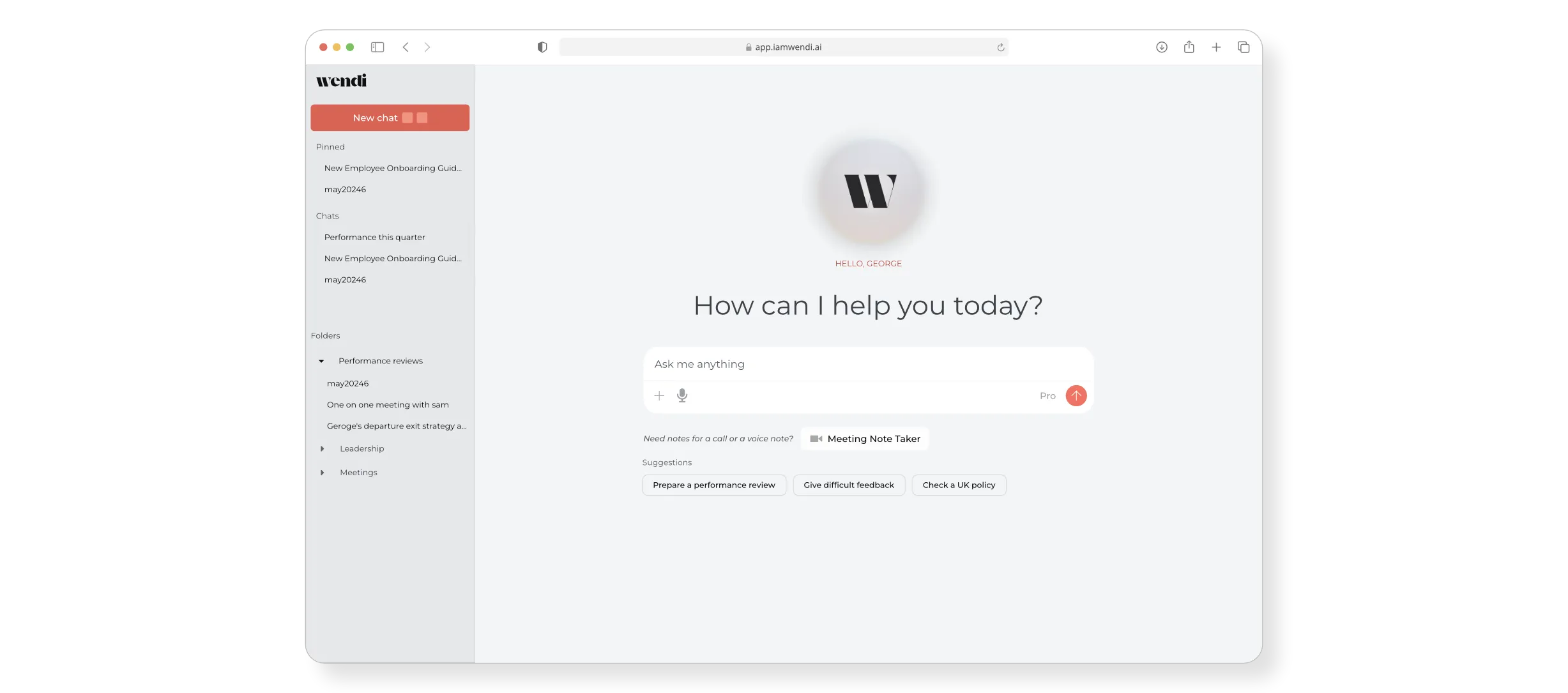 V1 Wendi interface — chat history sidebar, folders for organising past chats, and a blank open-ended input prompt.