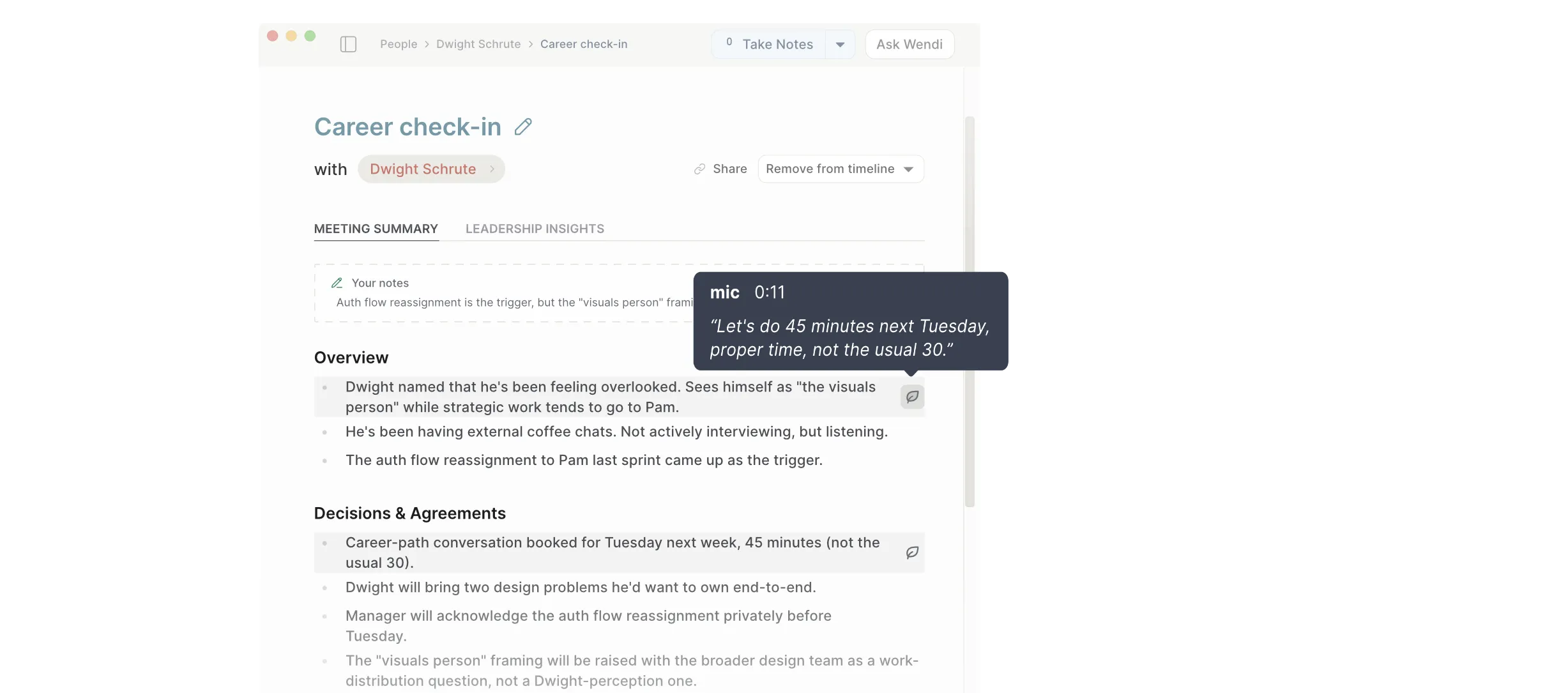 Meeting summary with one bullet linked to its transcript source line