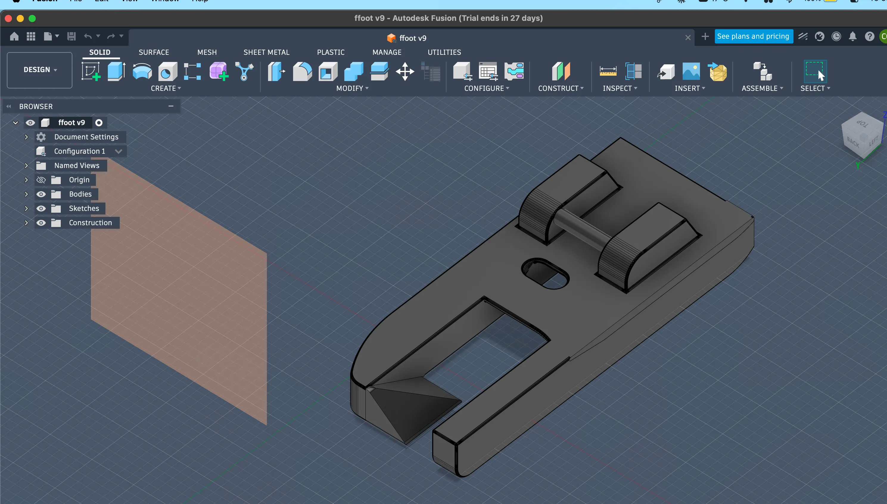 Isometric view of the modeled flat fell foot