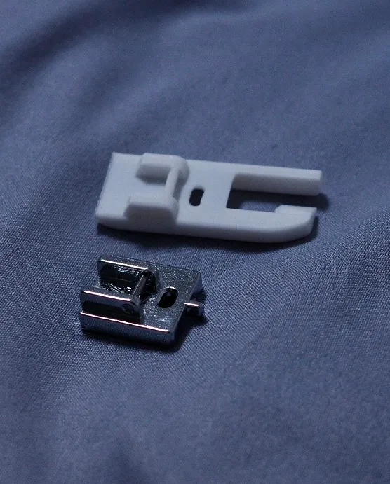 comparison view of invisible zipper foot next to printed flat fell foot