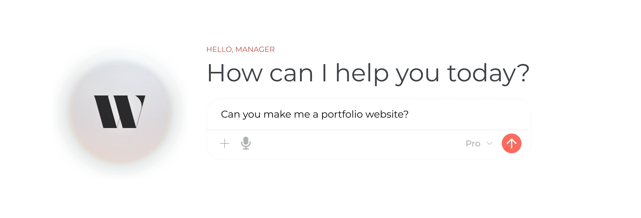 Wendi's welcome state with a user typing 'Can you make me a portfolio website?' into the chat box