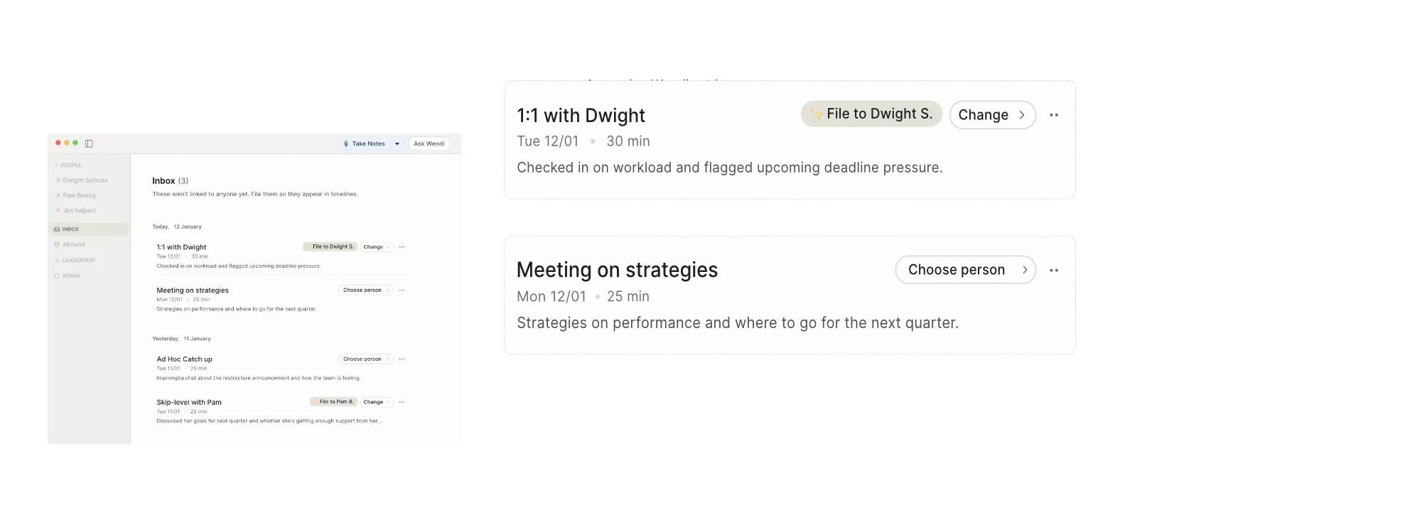 Wendi's Inbox of unassigned recordings, each with a suggestion chip proposing which person's timeline to file it to.