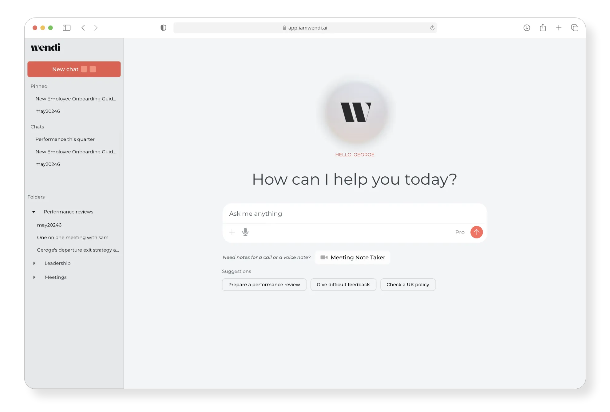 V1 Wendi interface — chat history sidebar, folders for organising past chats, and a blank open-ended input prompt.