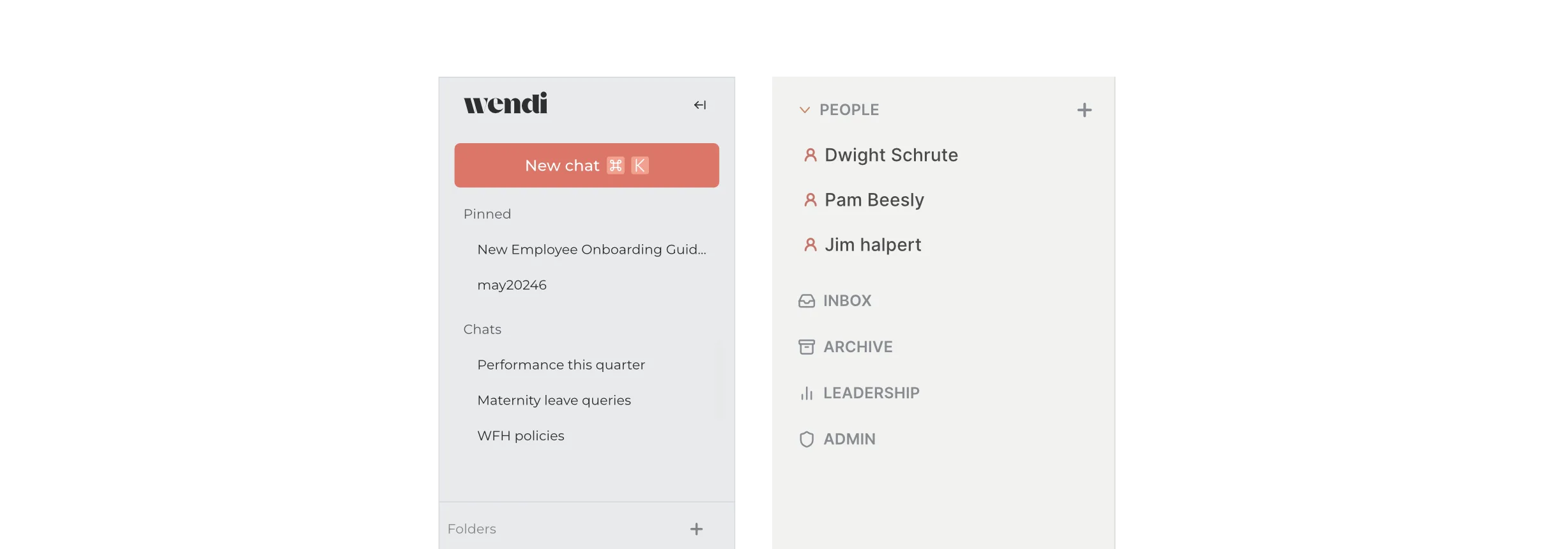 The app sidebar, before and after — the old feature-based nav (Dashboard, Chat, Documents, Settings) beside the new people-based nav (People, Inbox, Archive).