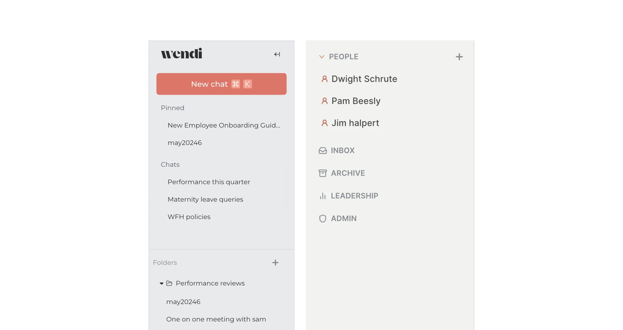 The app sidebar, before and after — the old feature-based nav (Dashboard, Chat, Documents, Settings) beside the new people-based nav (People, Inbox, Archive).