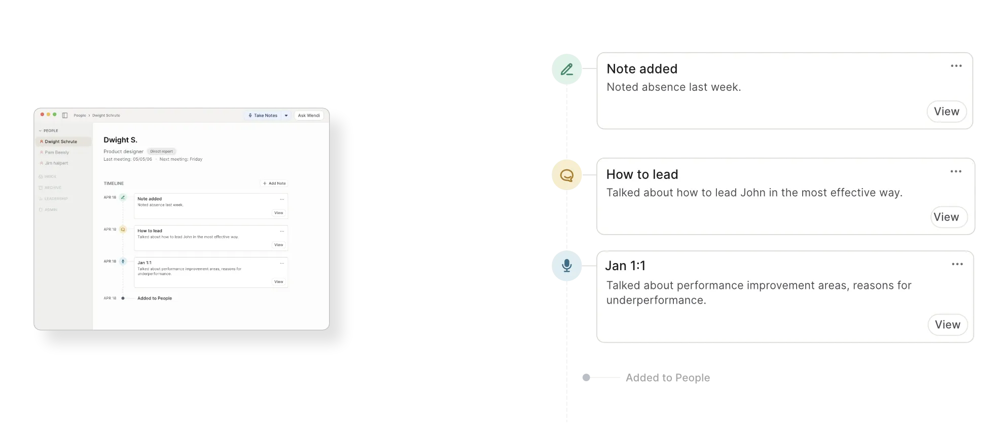 A direct report's timeline in Wendi — meetings, notes, and AI insights in chronological order, the record the AI can reference about that person.