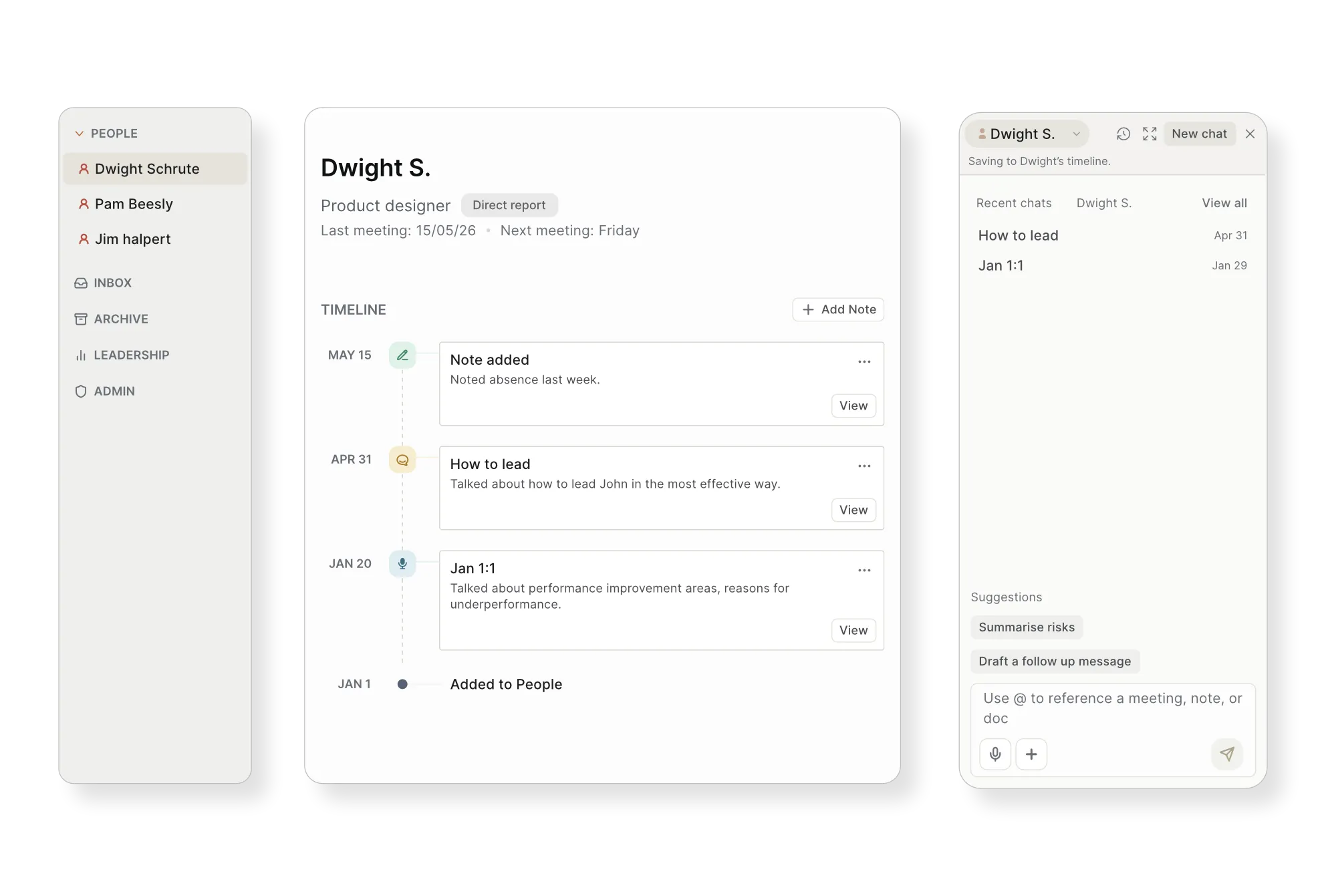 Wendi's shipped People home screen, listing each direct report as the entry point instead of a chat box.