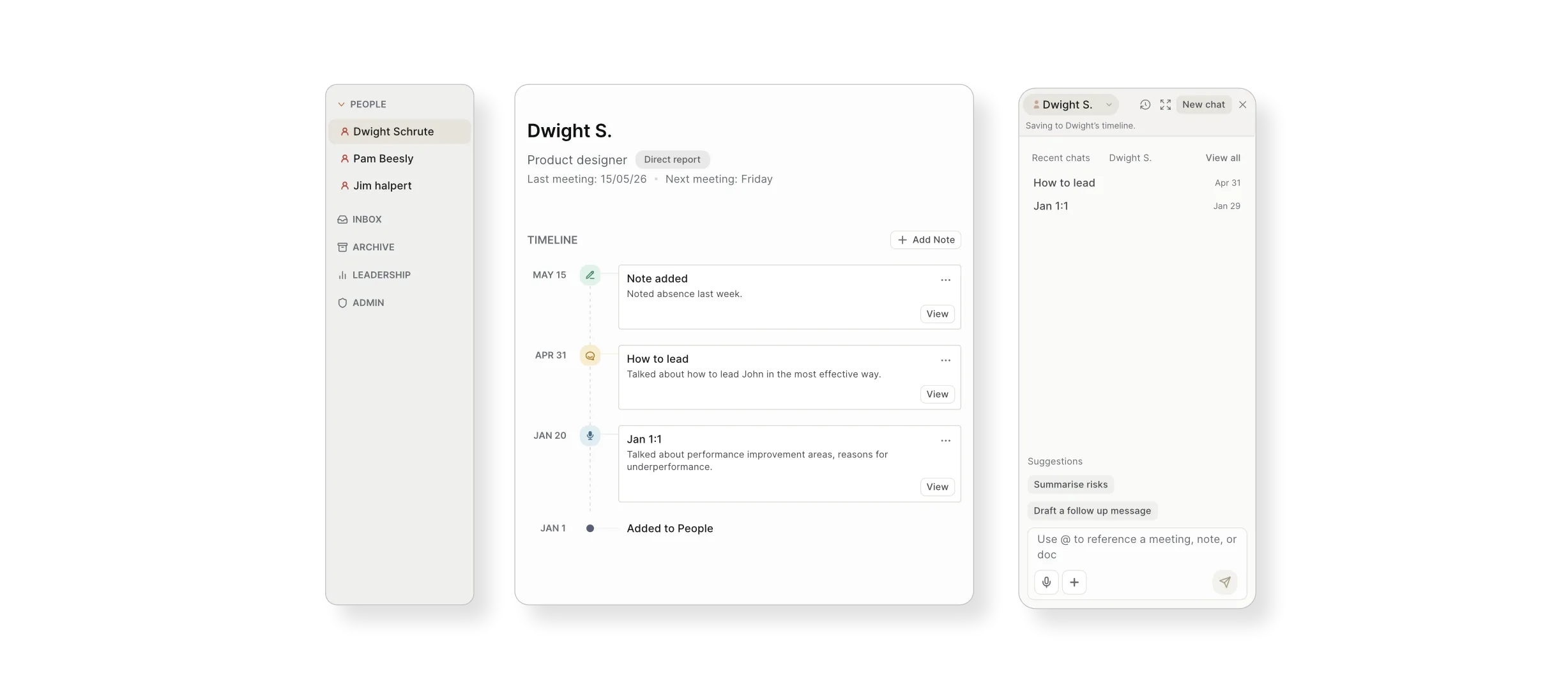 Wendi's shipped People home screen, listing each direct report as the entry point instead of a chat box.